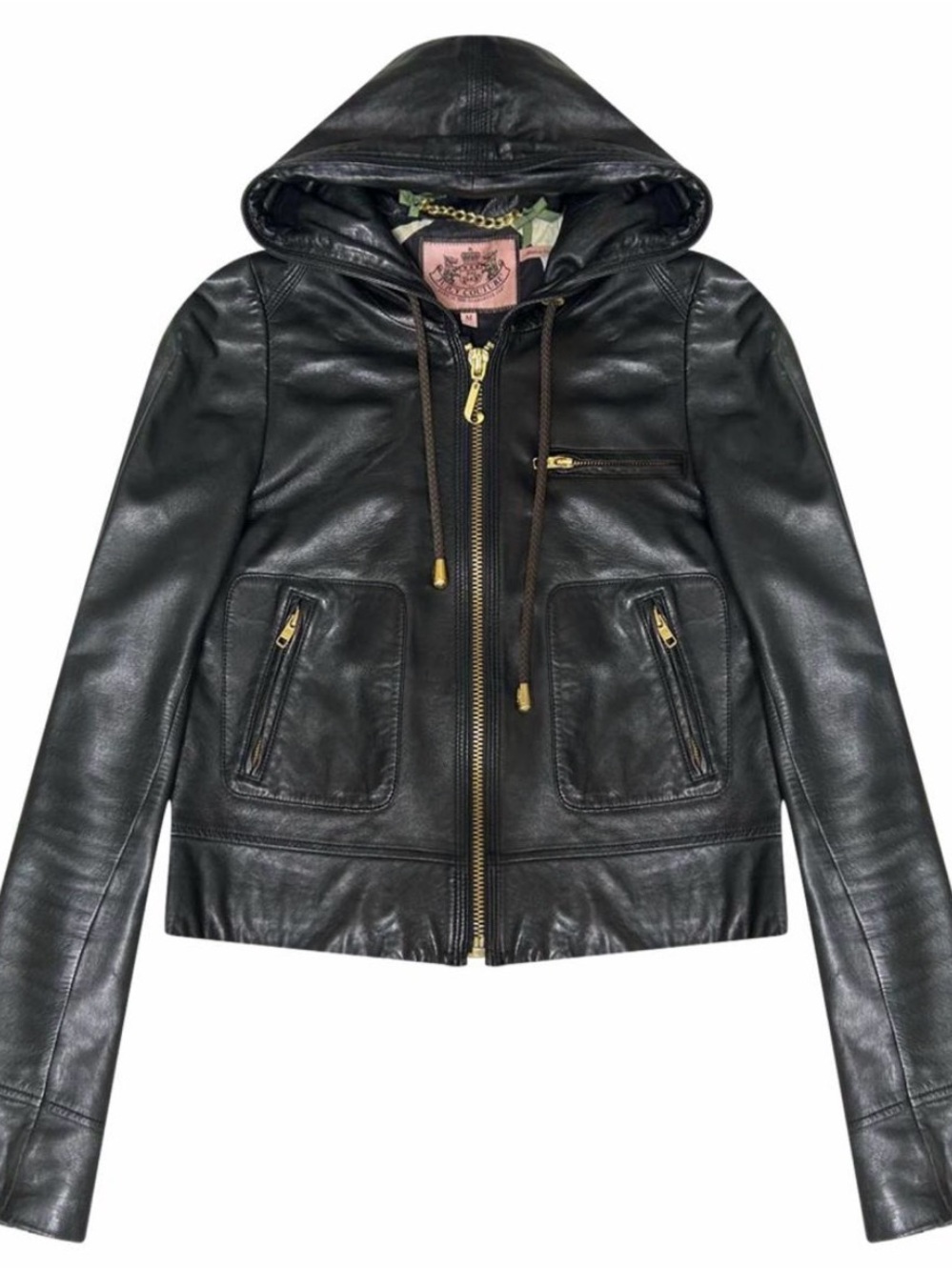 Vintage Juicy Couture Black Leather Hooded Zip Jacket size XS